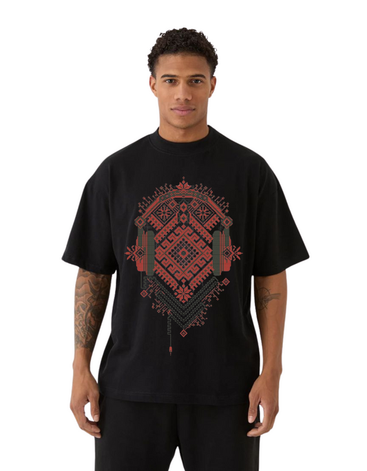 Black and White Oversized T-Shirt with Red Tribal Geometric Print – Unisex Streetwear Style
