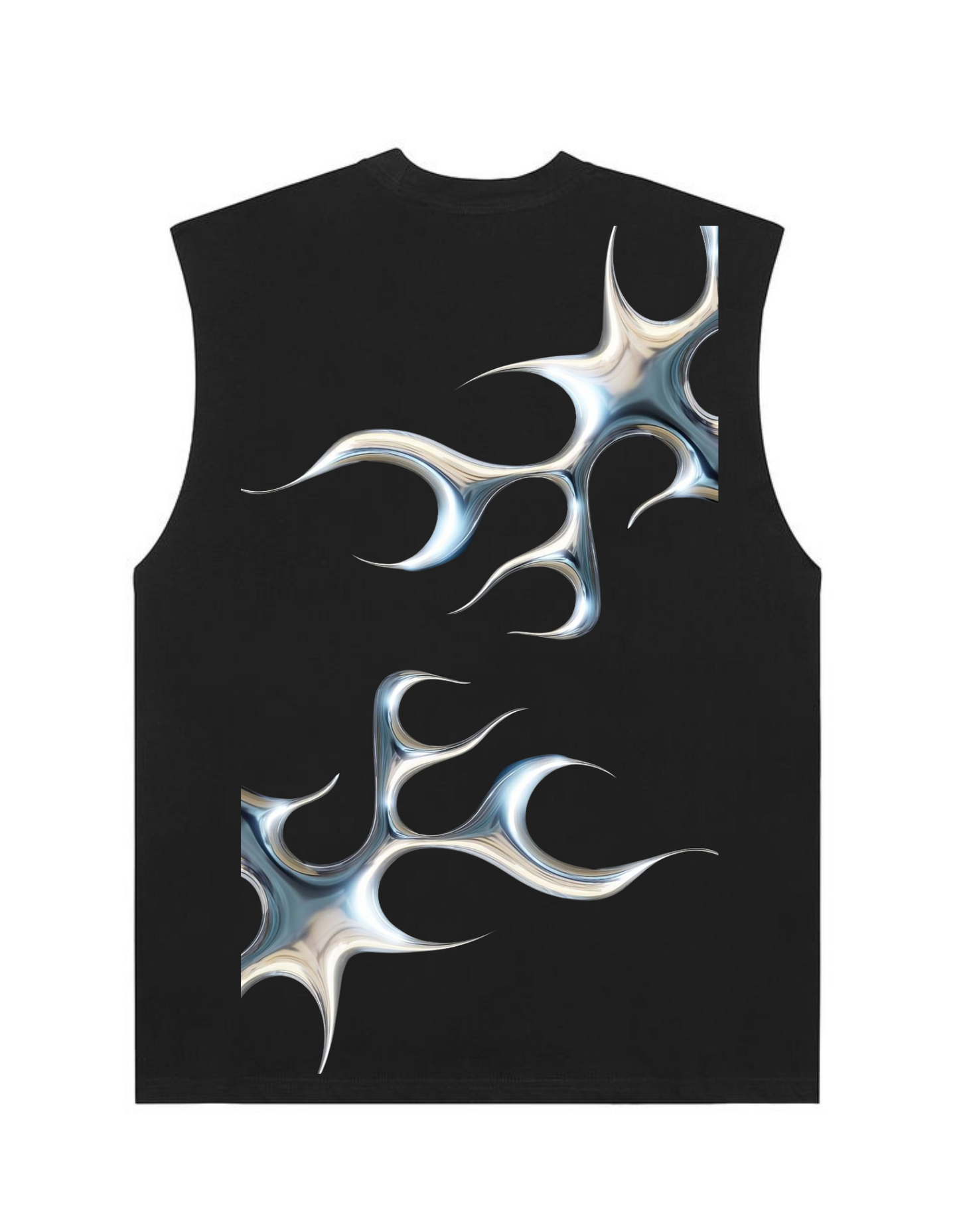 Black Sleeveless T-Shirt – Abstract Chrome Flame Design