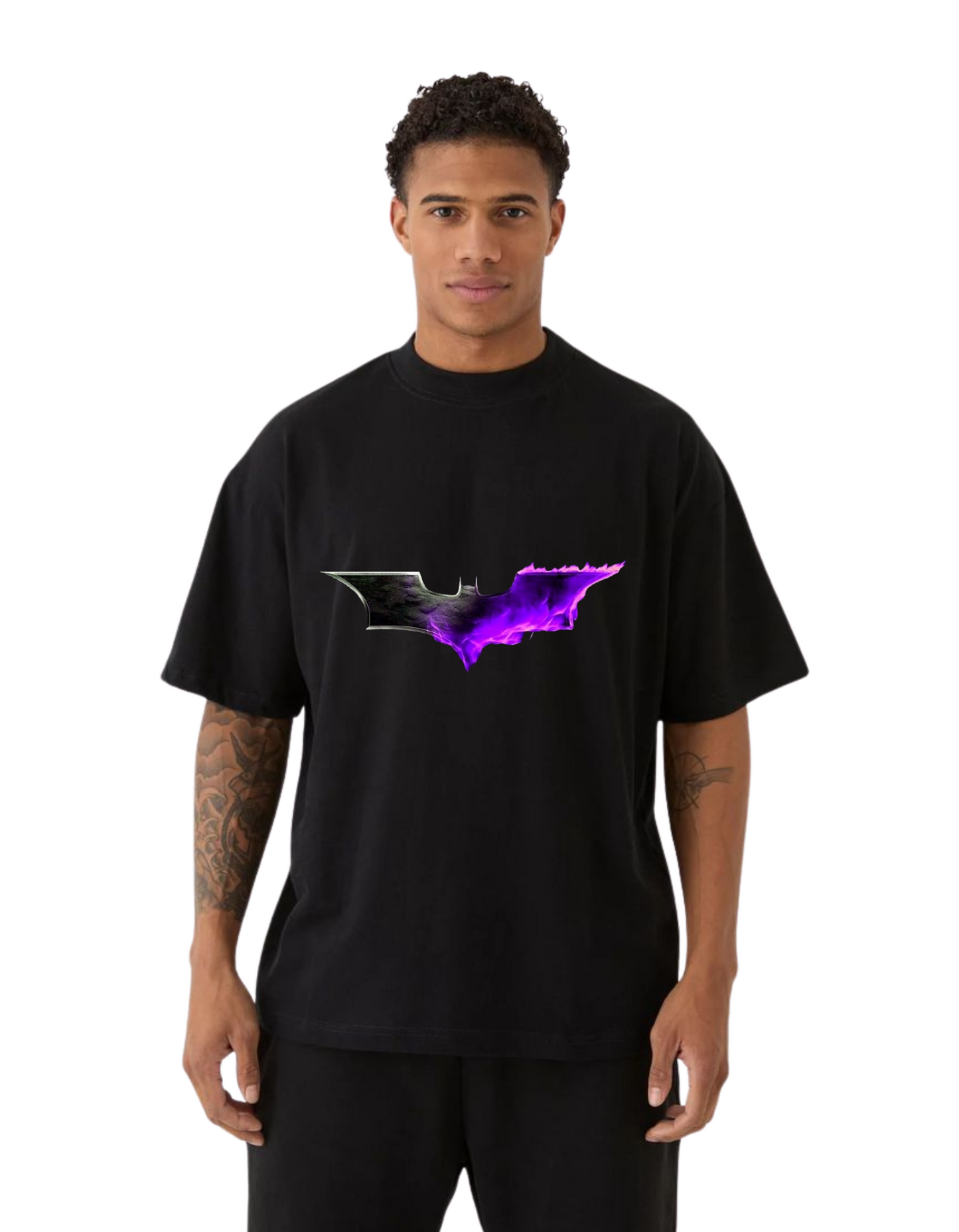 Black Oversized T-Shirt with Purple Neon Bat Graphic – Cool Streetwear for Men & Women