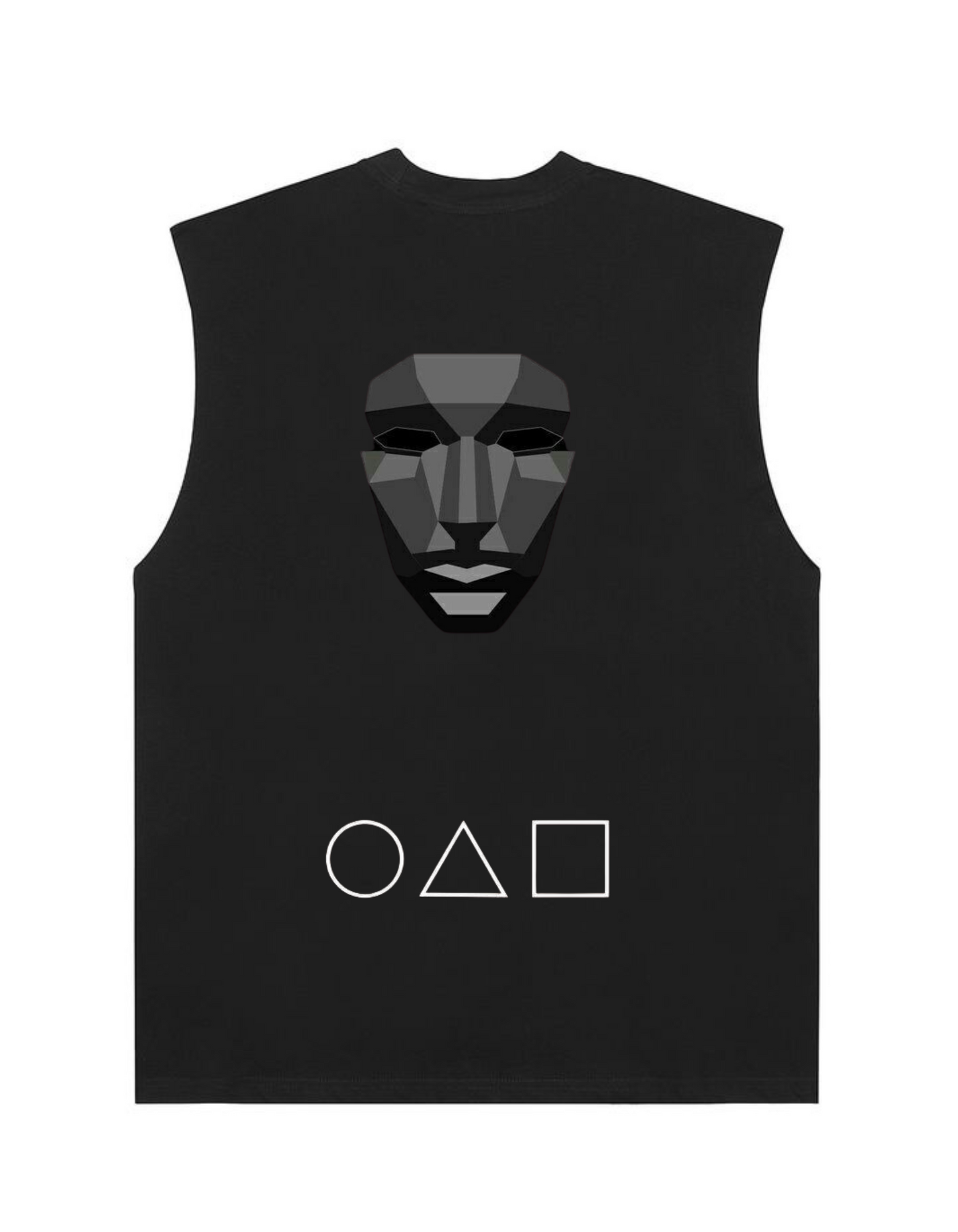 Black Sleeveless T-Shirt – Geometric Mask & Symbols Graphic